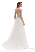 Tulle Lace V Neck Backless Wedding Dresses