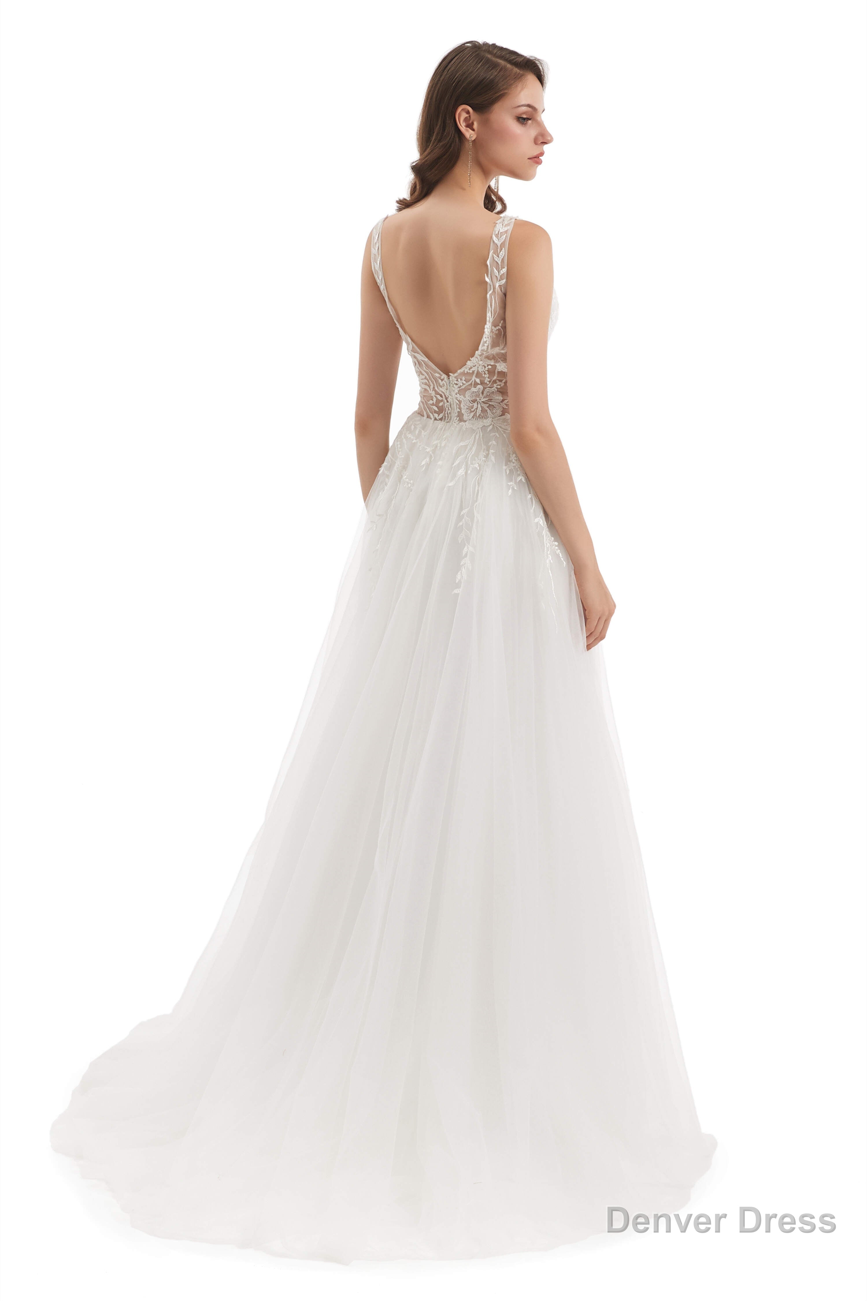 Tulle Lace V Neck Backless Wedding Dresses