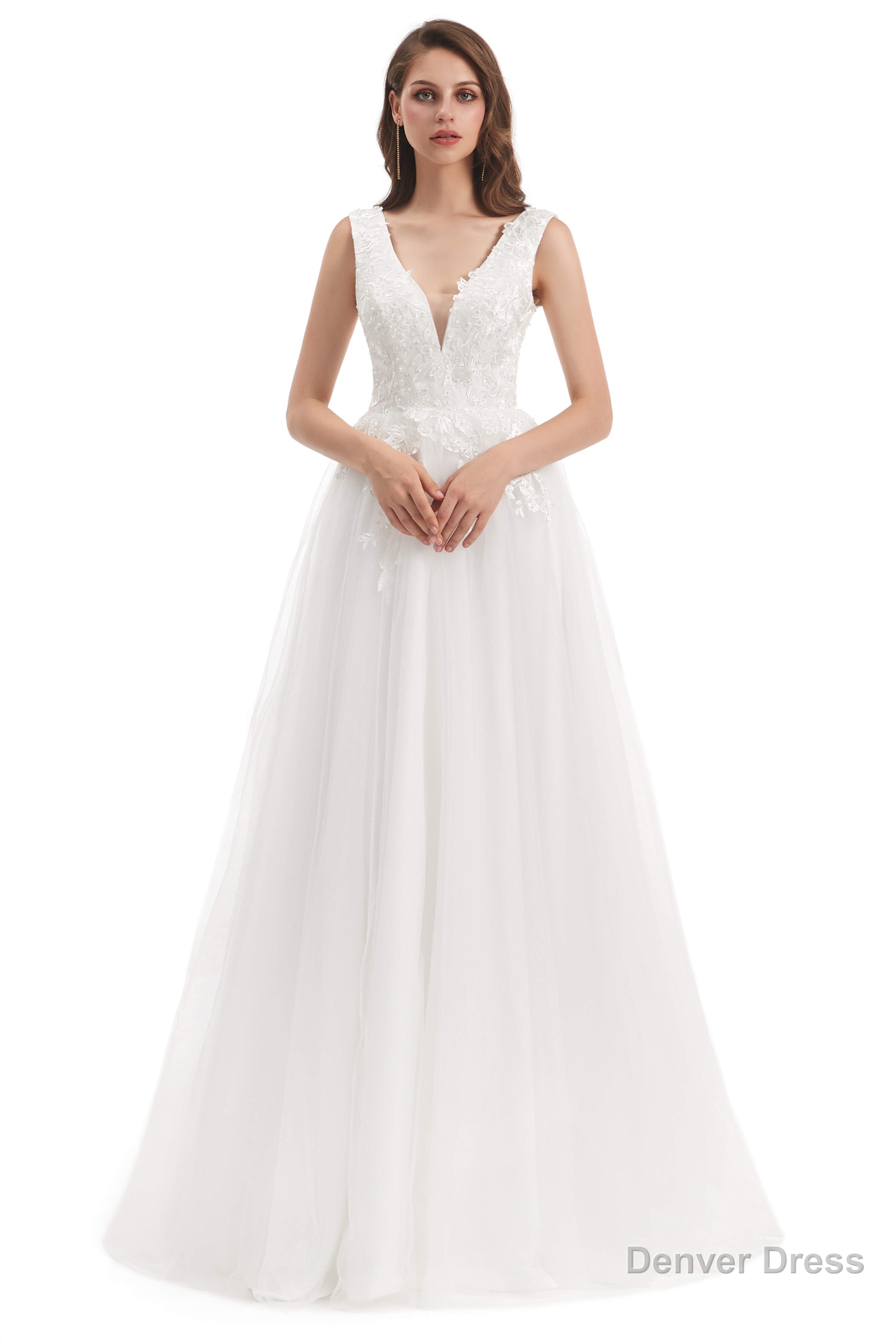 Tulle V Neck Backless Appliques Wedding Dresses