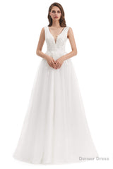 Tulle V-neck Backless Appliques Wedding Dresses