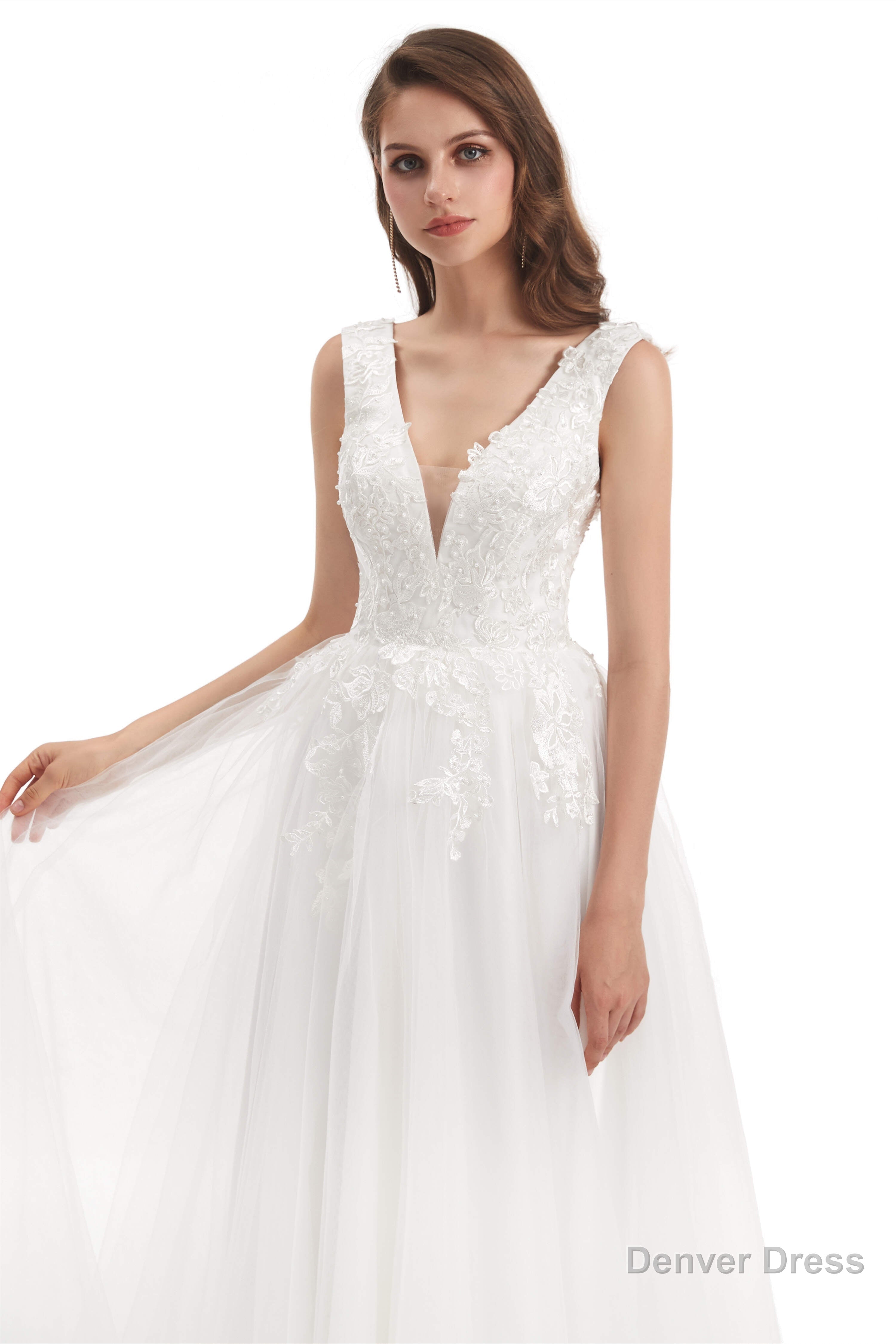 Tulle V Neck Backless Appliques Wedding Dresses