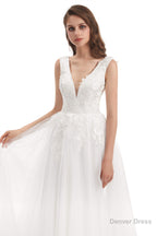 Tulle V-neck Backless Appliques Wedding Dresses