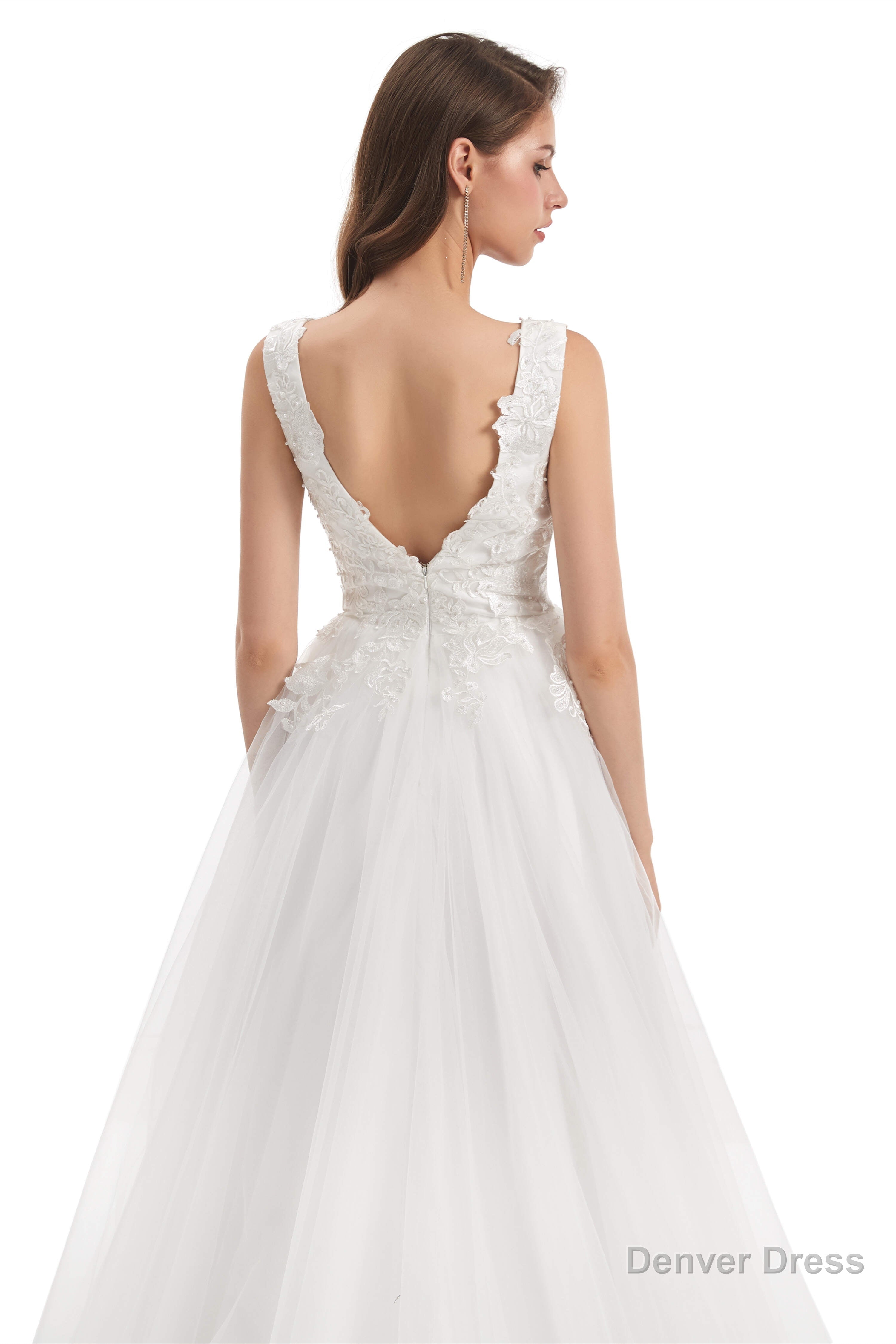 Tulle V Neck Backless Appliques Wedding Dresses