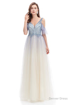 Tulle V Neck Beading Long Prom Dresses
