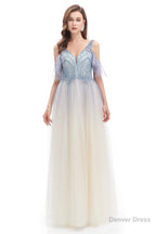 Tulle V Neck Beading Long Prom Dresses