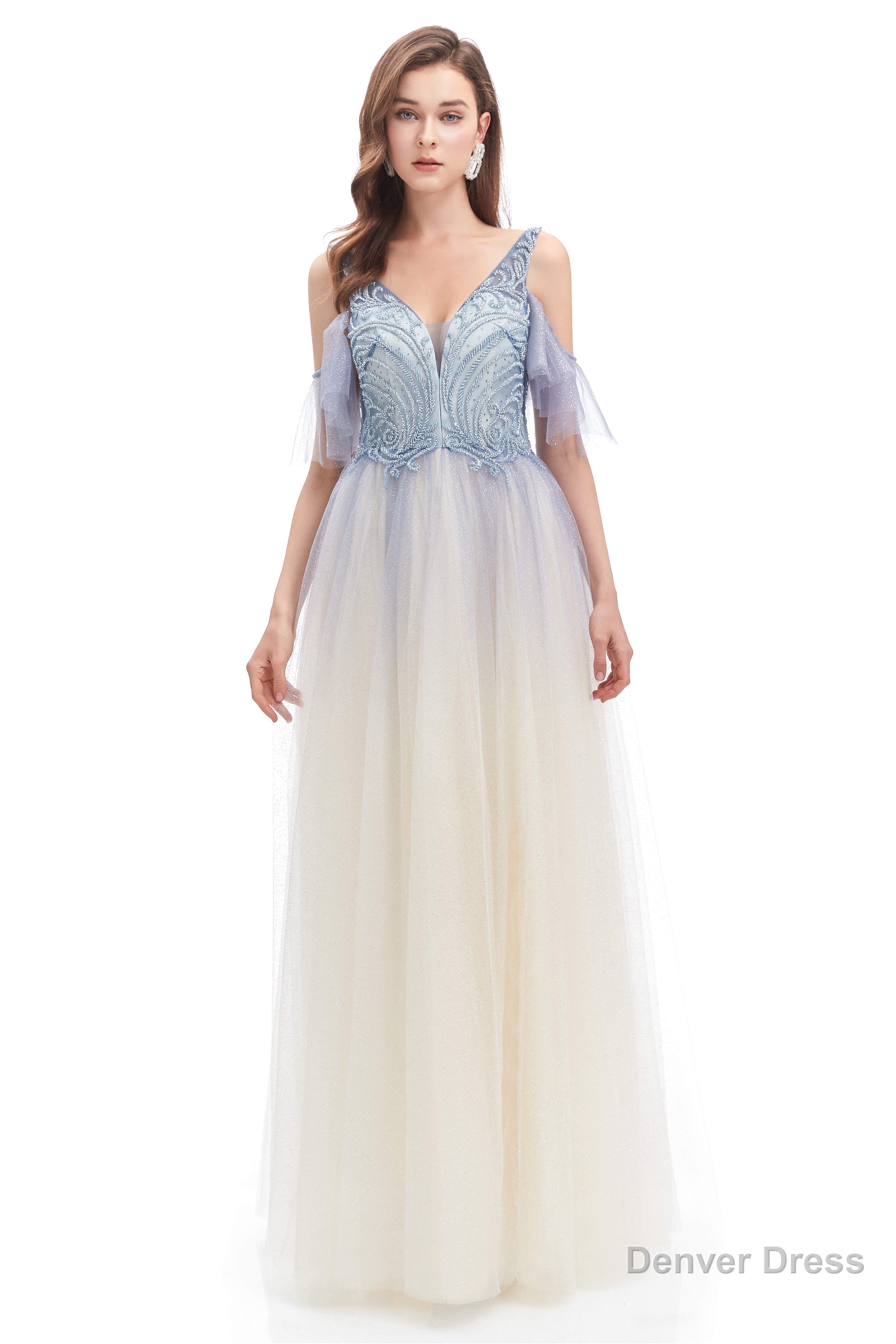 Tulle V Neck Beading Long Prom Dresses