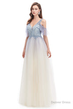 Tulle V Neck Beading Long Prom Dresses