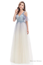 Tulle V Neck Beading Long Prom Dresses