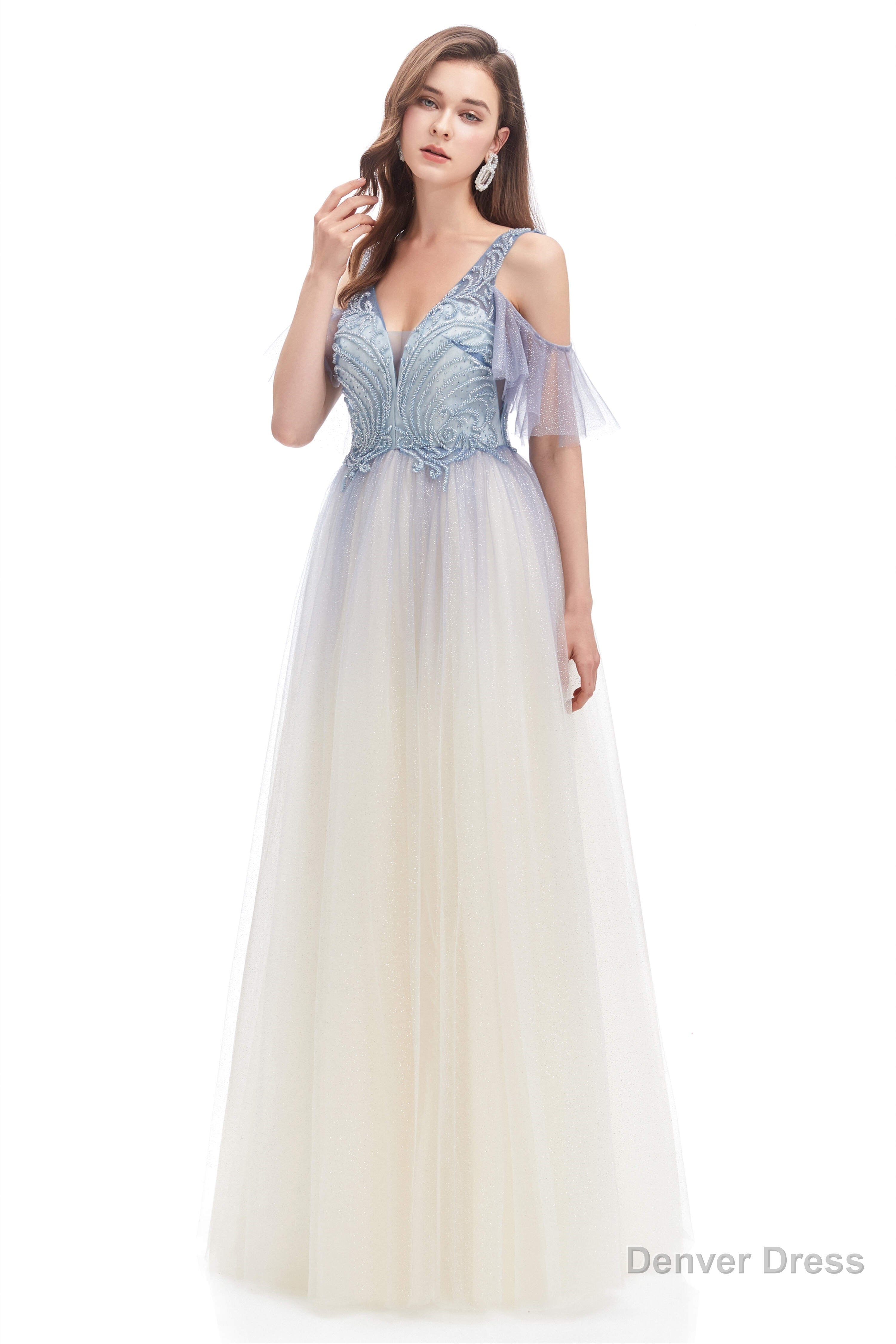 Tulle V Neck Beading Long Prom Dresses