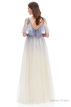 Tulle V Neck Beading Long Prom Dresses