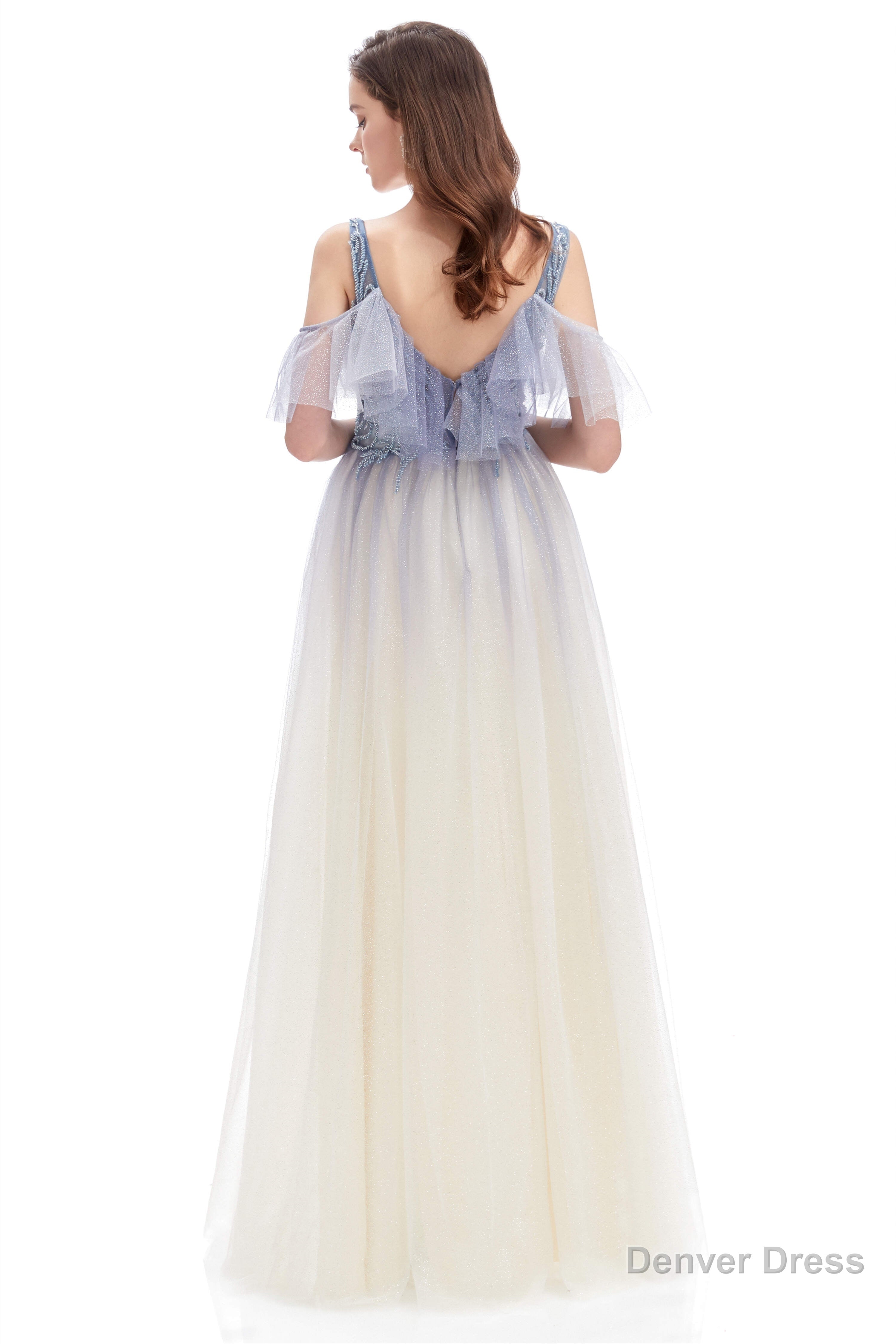 Tulle V Neck Beading Long Prom Dresses