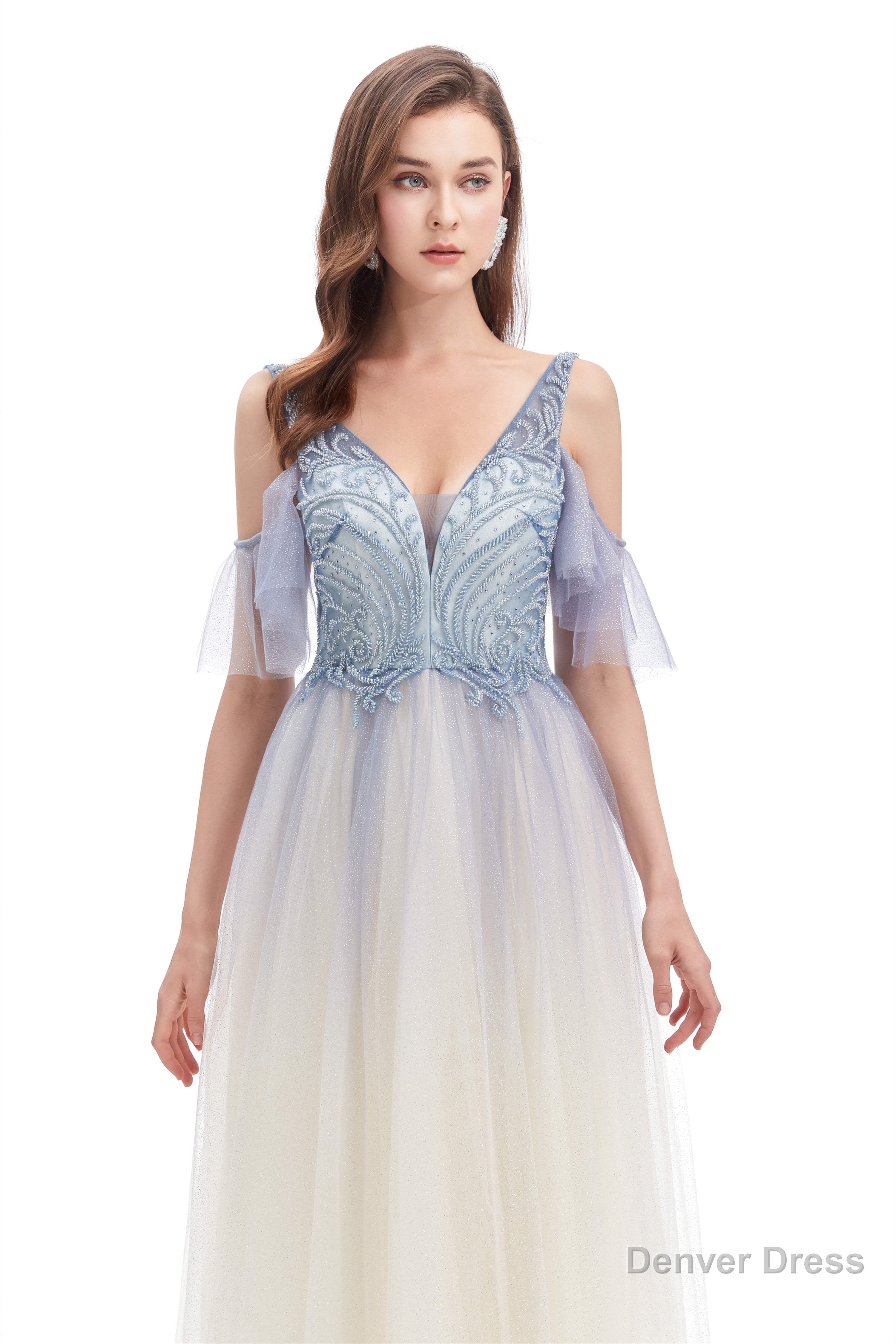 Tulle V Neck Beading Long Prom Dresses