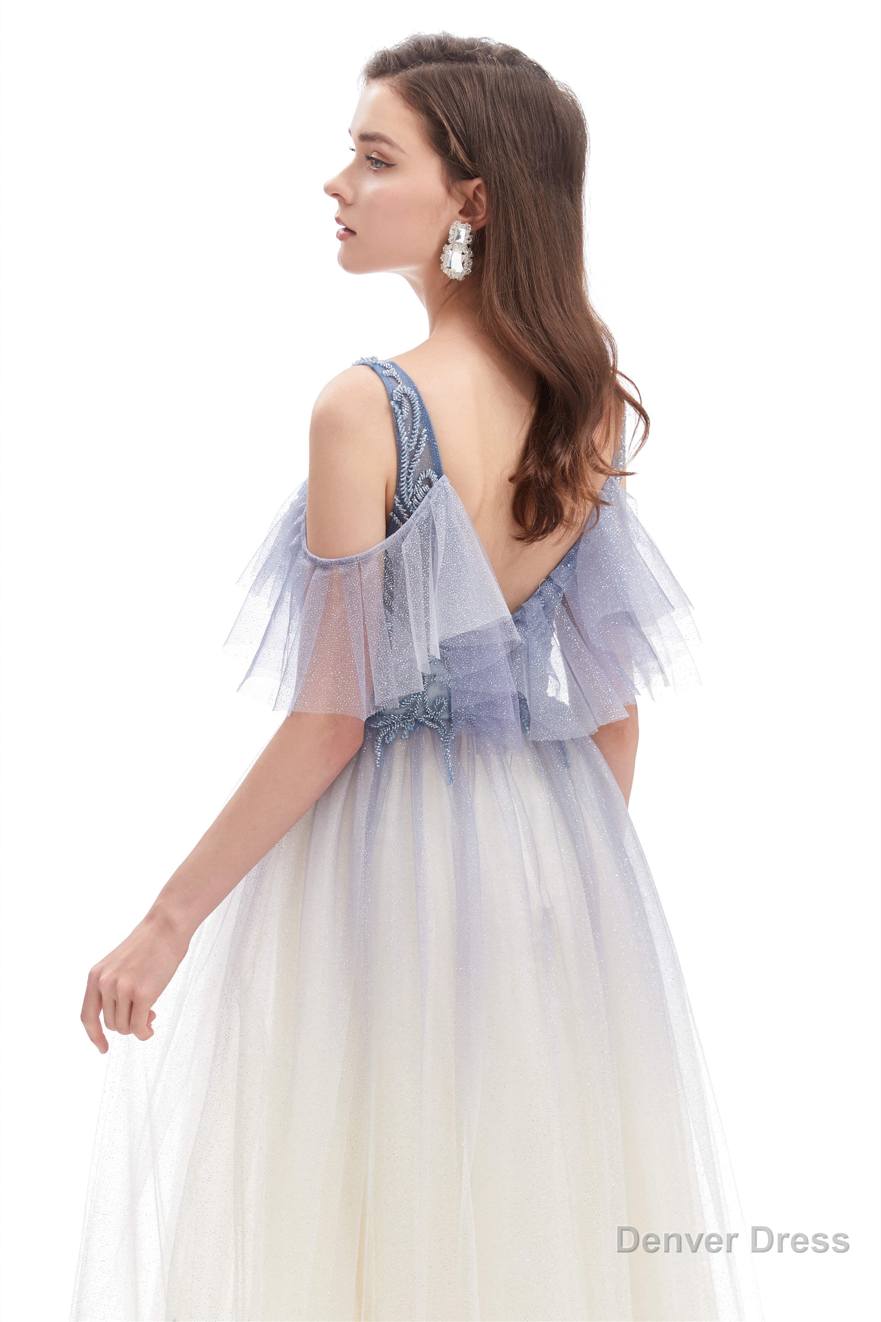 Tulle V Neck Beading Long Prom Dresses