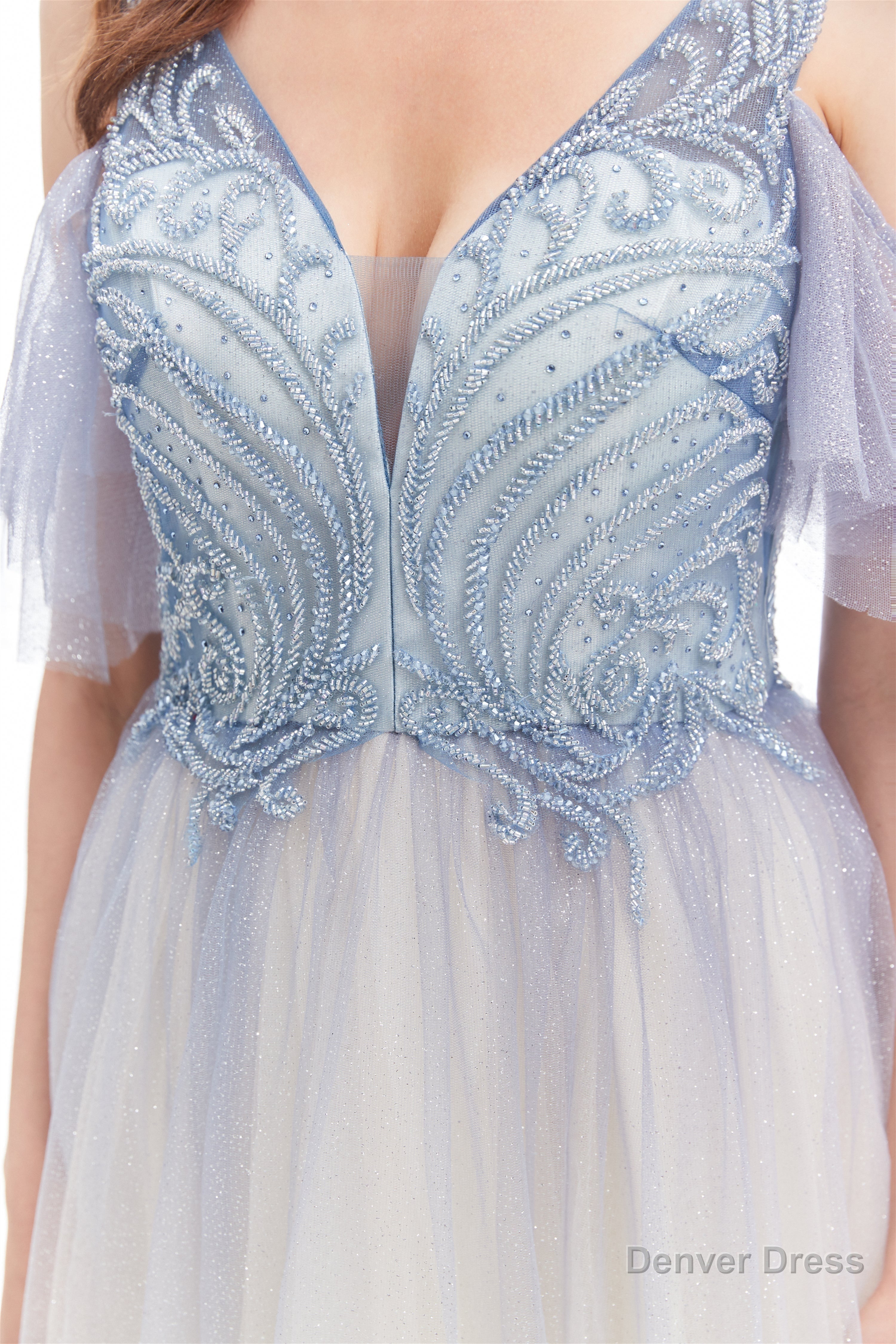Tulle V Neck Beading Long Prom Dresses