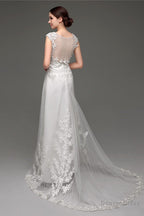 Tulle V Neck Illusion Back Wedding Dresses With Lace Bodice