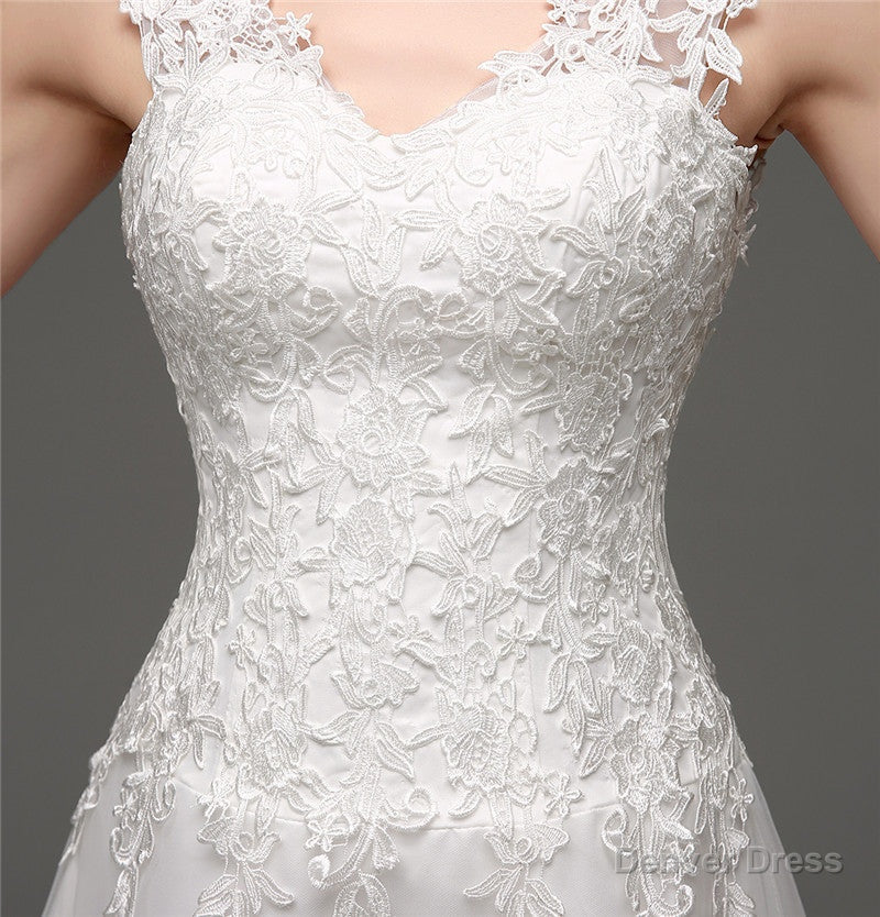 Tulle V Neck Illusion Back Wedding Dresses With Lace Bodice