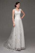Tulle V Neck Illusion Back Wedding Dresses With Lace Bodice