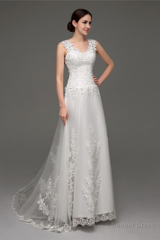 Tulle V Neck Illusion Back Wedding Dresses With Lace Bodice