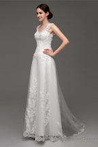 Tulle V Neck Illusion Back Wedding Dresses With Lace Bodice