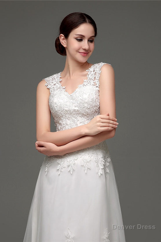 Tulle V Neck Illusion Back Wedding Dresses With Lace Bodice