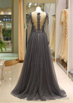 Tulle V-Neck Long Sleeve A-Line Prom Dresses With Beadings