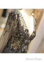 Tulle V-Neck Long Sleeve A-Line Prom Dresses With Beadings