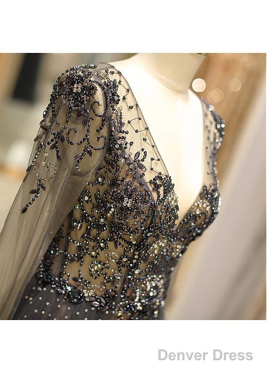 Tulle V-Neck Long Sleeve A-Line Prom Dresses With Beadings