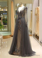Tulle V-Neck Long Sleeve A-Line Prom Dresses With Beadings