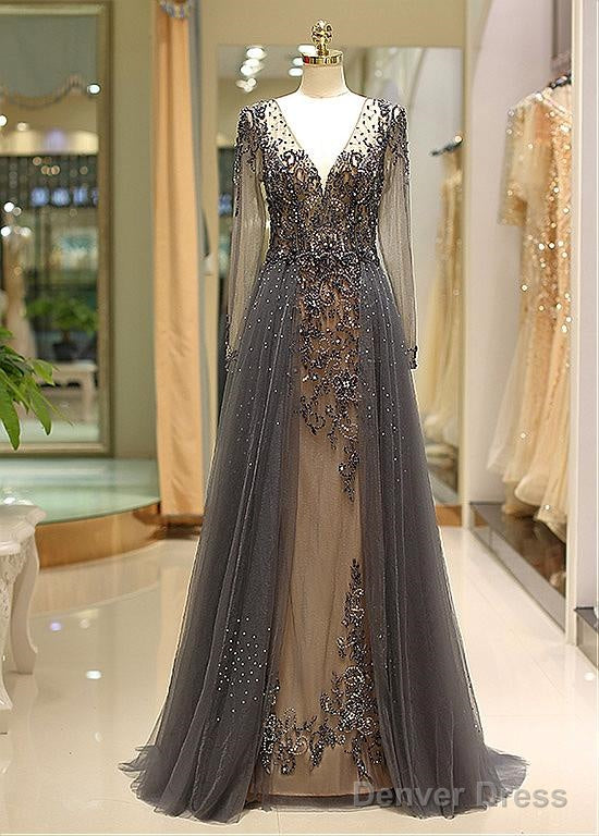 Tulle V-Neck Long Sleeve A-Line Prom Dresses With Beadings