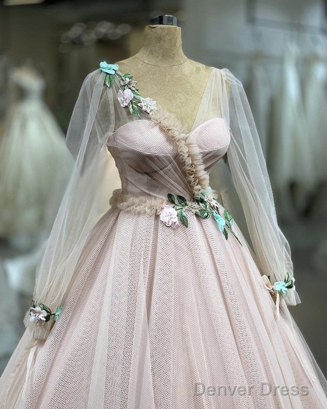 Tulle V Neck Long Sleeves Ball Gown With 3D Flowers Secondary image