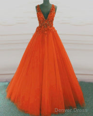 Tulle V Neck Orange Ball Gown Prom Dresses