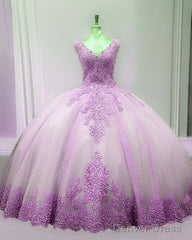 Tulle V Neck Quinceanera Dresses Lace Appliques Ball Gown