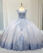 Tulle V Neck Quinceanera Dresses Lace Appliques Ball Gown