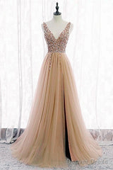 Tulle V Neck Sequins Beaded Dresses With Slit