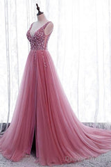 Tulle V Neck Sequins Beaded Dresses With Slit