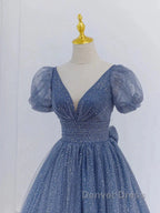 Tulle V Neck Short Sleeve Blue Sparkle Prom Dresses With Bow