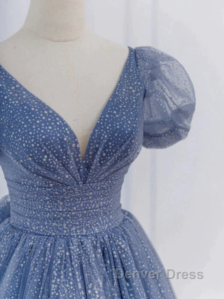 Tulle V Neck Short Sleeve Blue Sparkle Prom Dresses With Bow