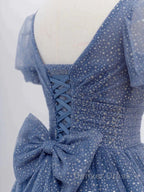 Tulle V Neck Short Sleeve Blue Sparkle Prom Dresses With Bow