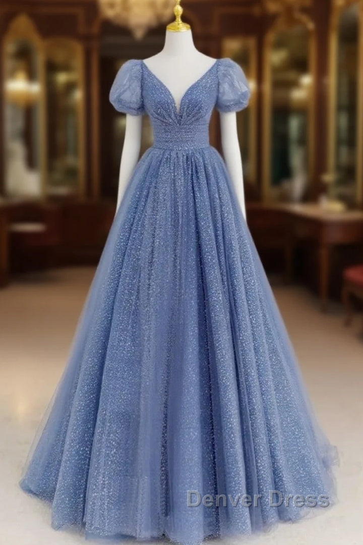 Tulle V Neck Short Sleeve Blue Sparkle Prom Dresses With Bow