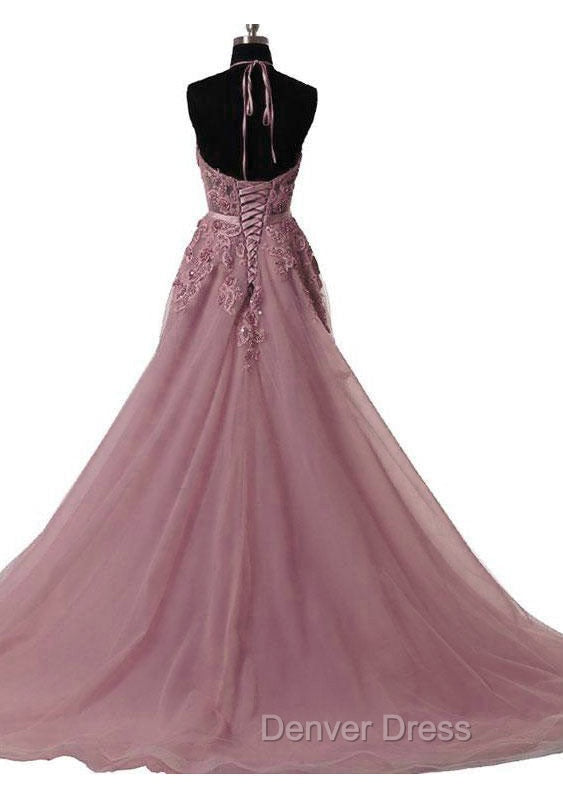 Tulle Wisteria Prom Dresses A-Line/Princess Scoop Neck Court Train With Appliqued Secondary image