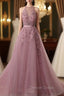 Tulle Wisteria Prom Dresses A-Line/Princess Scoop Neck Court Train With Appliqued