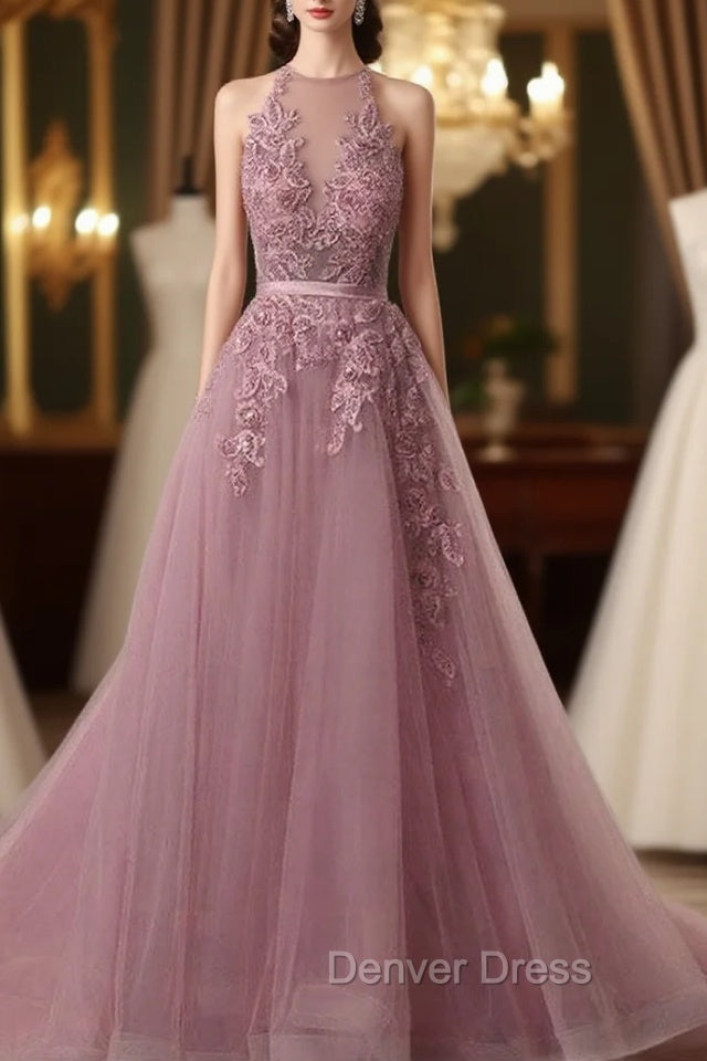 Tulle Wisteria Prom Dresses A Line Scoop Neck Court Train With Appliqued