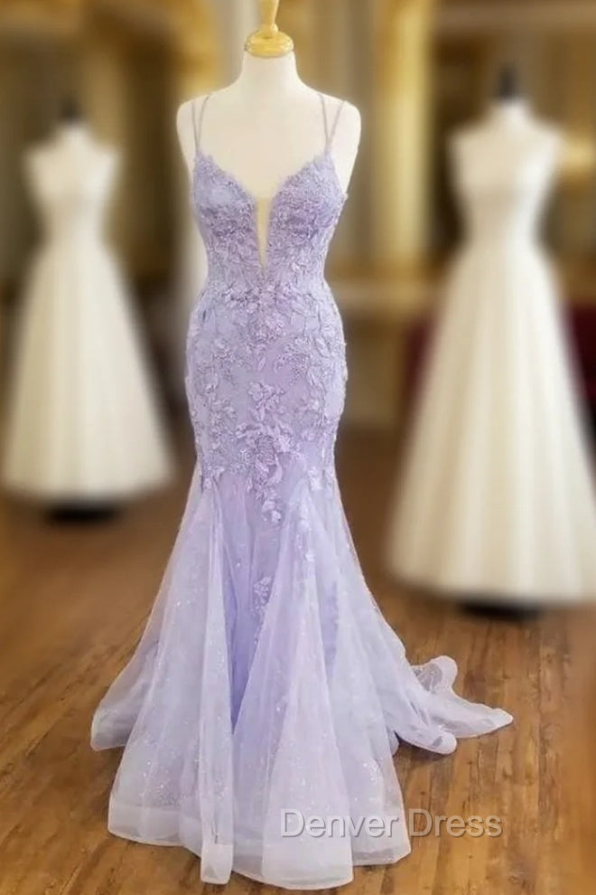 Tulle With Appliques Lilac Long Sweetheart Prom Dresses With Straps Main image