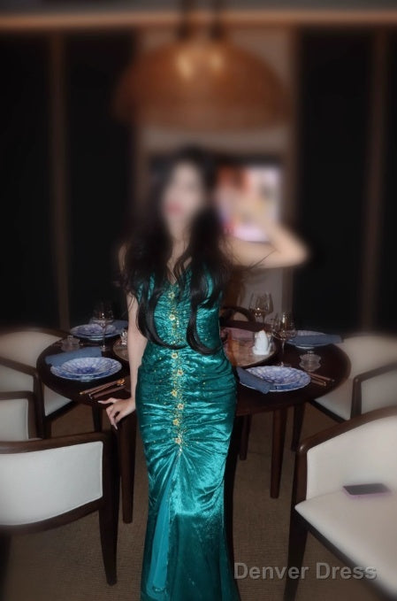 Turqoise Mermaid Halter Satin Beaded Long Prom Dress Retro V-Neck Rhinestone Evening Gown Secondary image