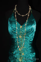 Turqoise Mermaid Halter Satin Beaded Long Prom Dress Retro V-Neck Rhinestone Evening Gown