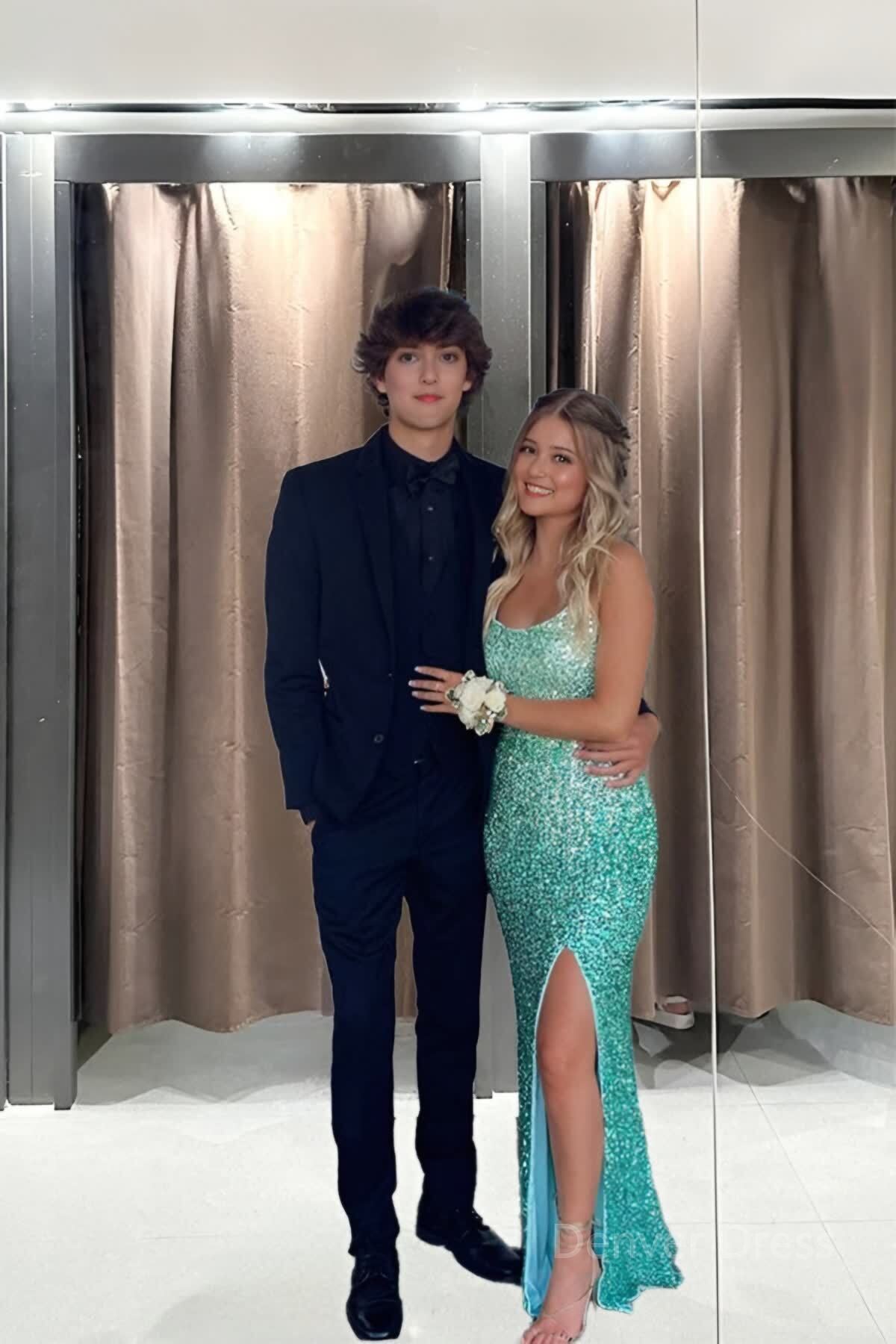 Turquoise Sequin Prom Dress Lace Up Back Mermaid Long Prom Dresses with Slit
