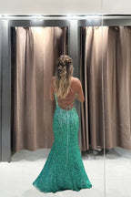 Turquoise Sequin Prom Dress Lace Up Back Mermaid Long Prom Dresses with Slit
