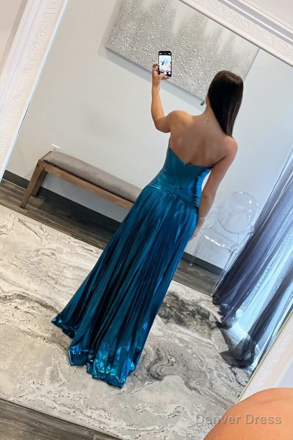 Turquoise Sweetheart Metallic Pleated Long Formal Dress With Slit Secondary image