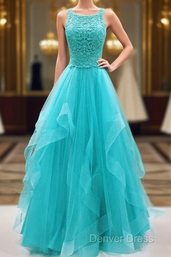 Turquoise Tulle Long Lace Prom Dresses, Ruffles Evening Dresses Main image