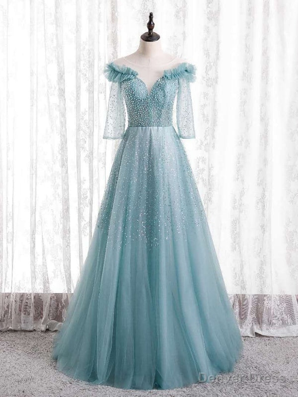 Turquoise Tulle Sequins Short Sleeve Prom Dress Main image